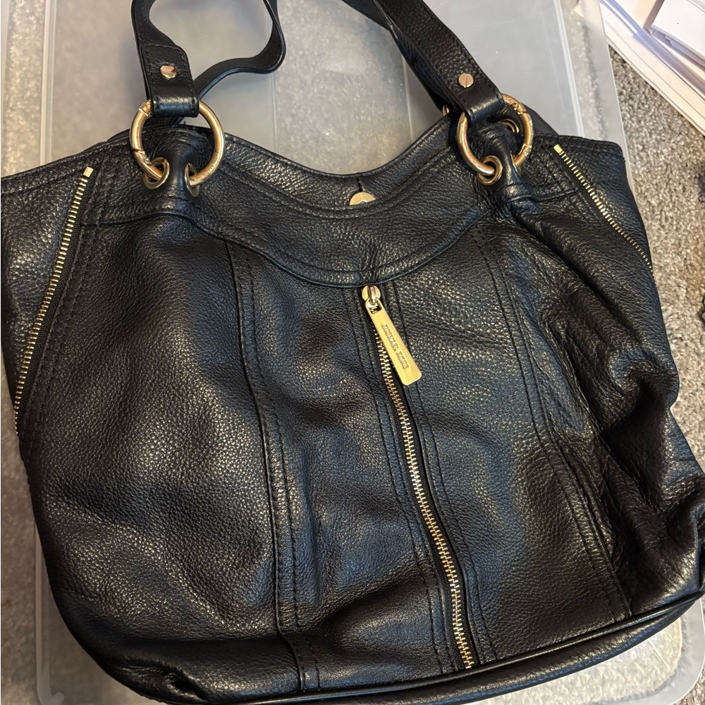 Michael Kors Black Leather Shoulder Bag with Gold Accents